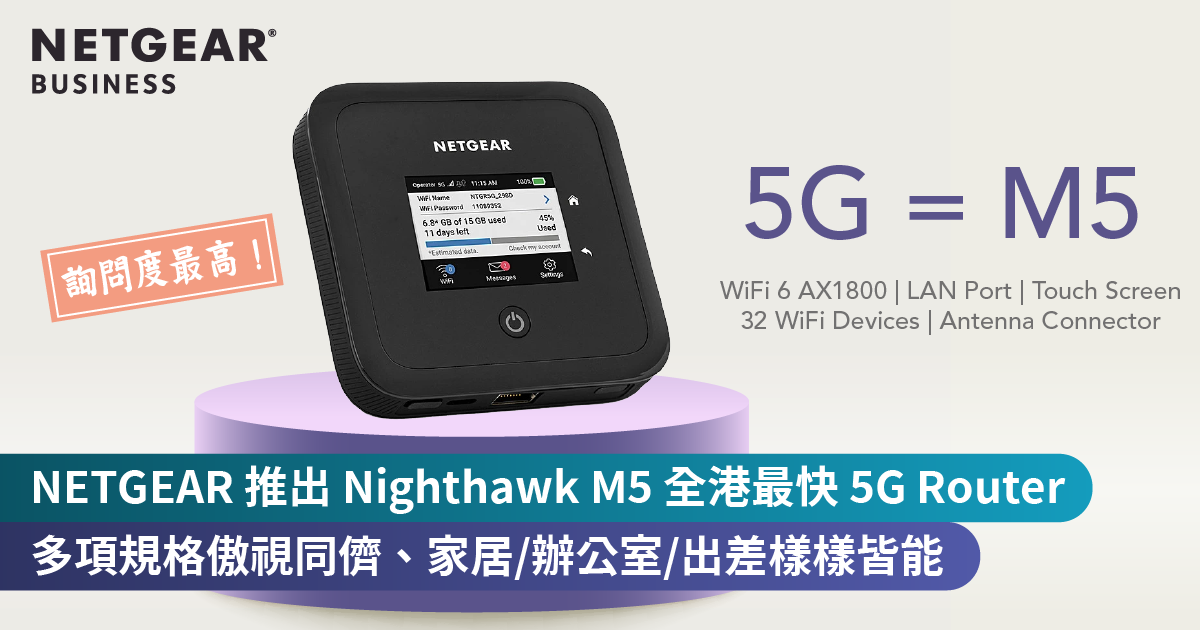NETGEAR 推出 Nighthawk M5 全港最快 5G Router<br>多項規格傲視同儕、適合用作家居或辦公室 Router