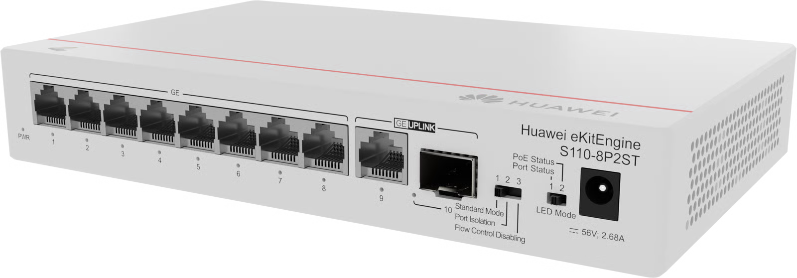 <b>Huawei eKit (S110-8P2ST)</b><br> 8埠 千兆非網管PoE+ (124W) 交換機(無風扇) | 1 x GE electrical port | 1 x GE SFP