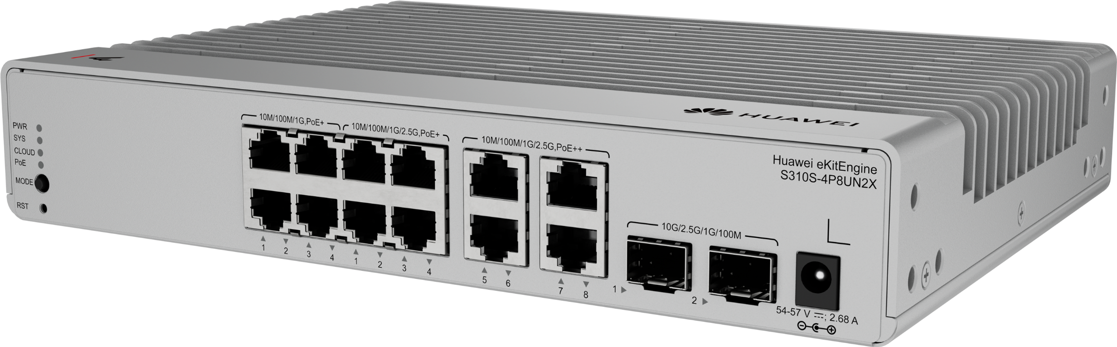 Huawei eKit (S310S-4P8UN2X) <br>(4*10/100/1000BASE-T ports(PoE+), 8*10/100/1000/2.5GBASE-T ports(4*PoE+, 4*PoE++), 2*10GE SFP+ ports, 120W PoE, 1*220V power adapter, 無風線設計)