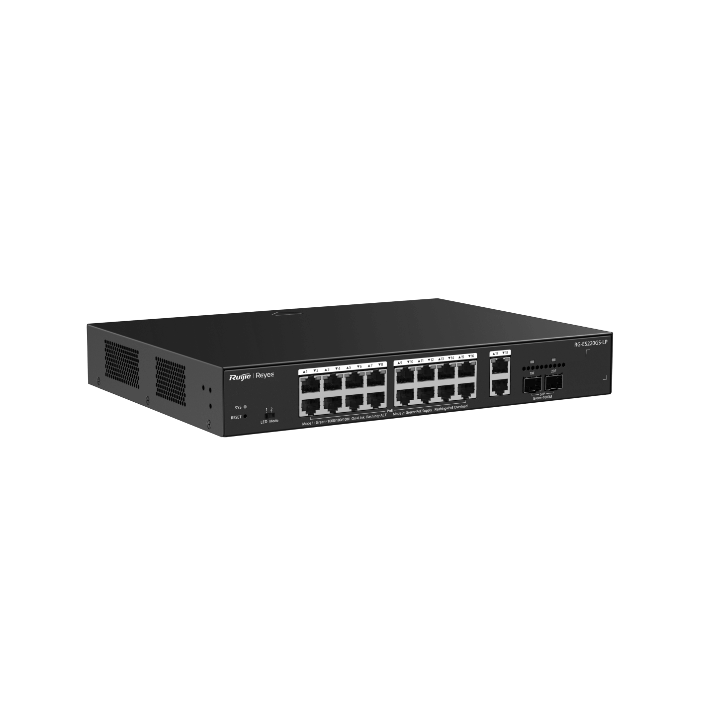 Reyee (RG-ES220GS-LP) 20-Port 雲端管理 PoE+ (130W) 交換機 |16x1G PoE+ | 2x1G | 2xSFP