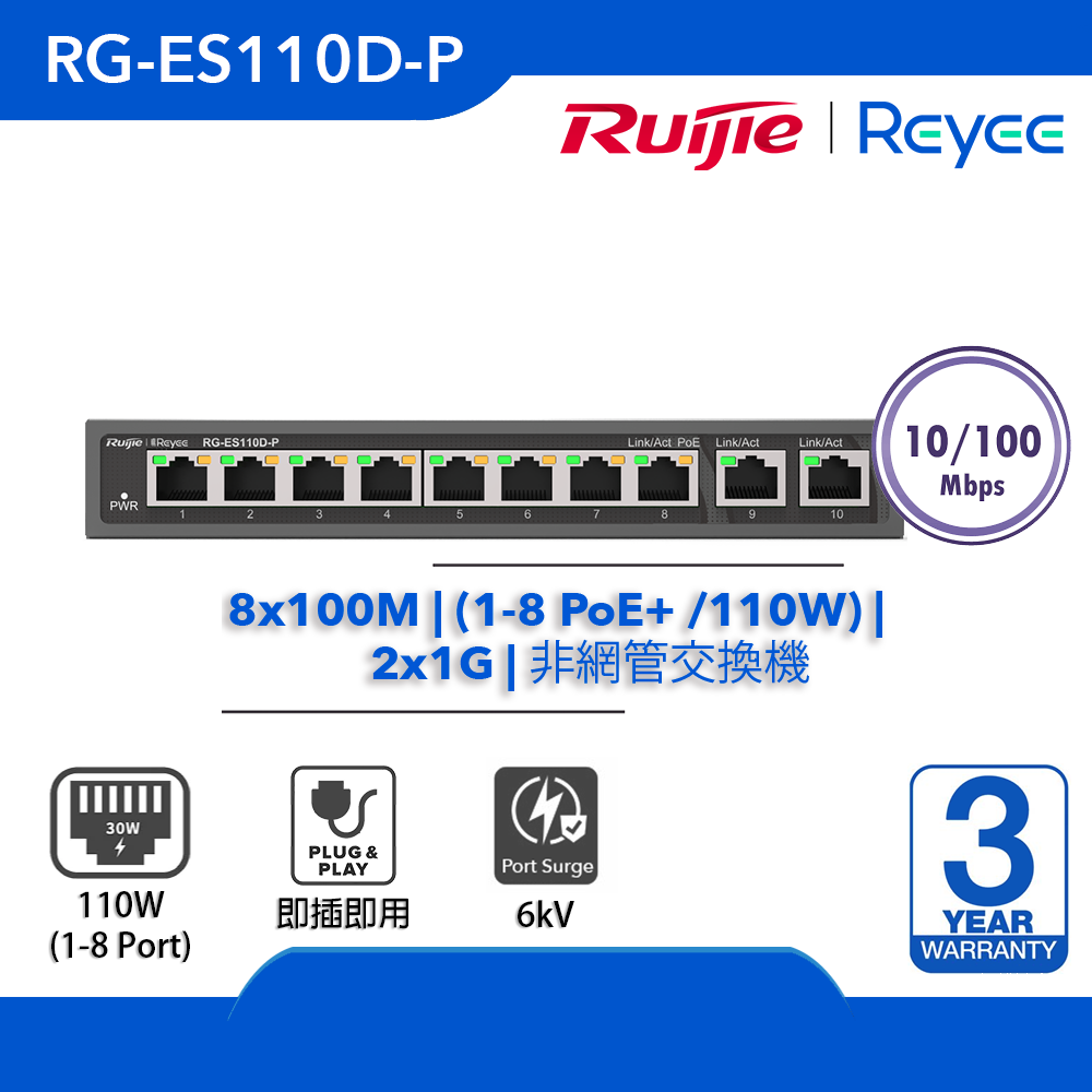 Reyee (RG-ES110D-P) 10-port 非網管交換機 | 8x10/100 PoE+ (110W) | 2x1G