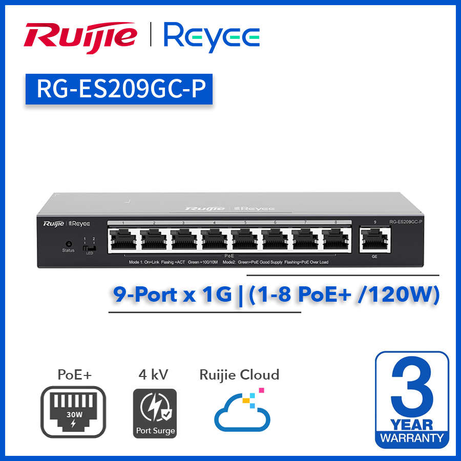 Reyee (RG-ES209GC-P) 9-Port Gigabit (1-8 PoE+) 雲端管理交換機