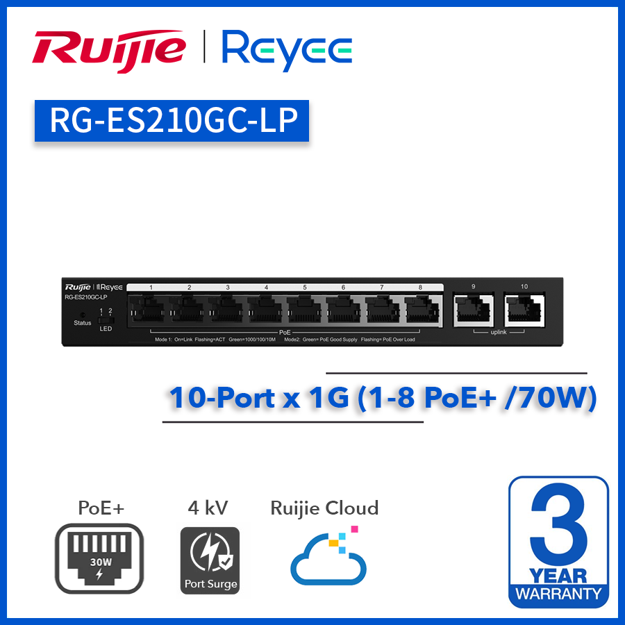 Reyee (RG-ES210GC-LP) 10-Port Gigabit Smart (1-8 PoE+) 雲端管理交換機