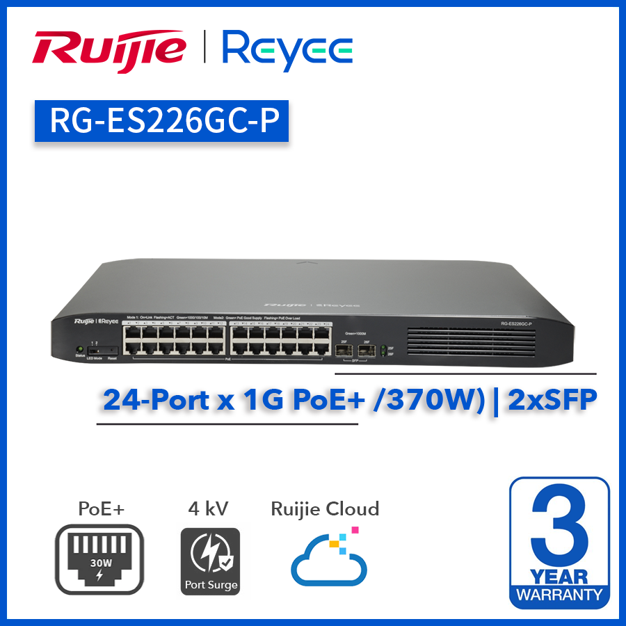 Reyee (RG-ES226GC-P) 24-Port Gigabit PoE+ 雲端管理交換機 | 2xSFP