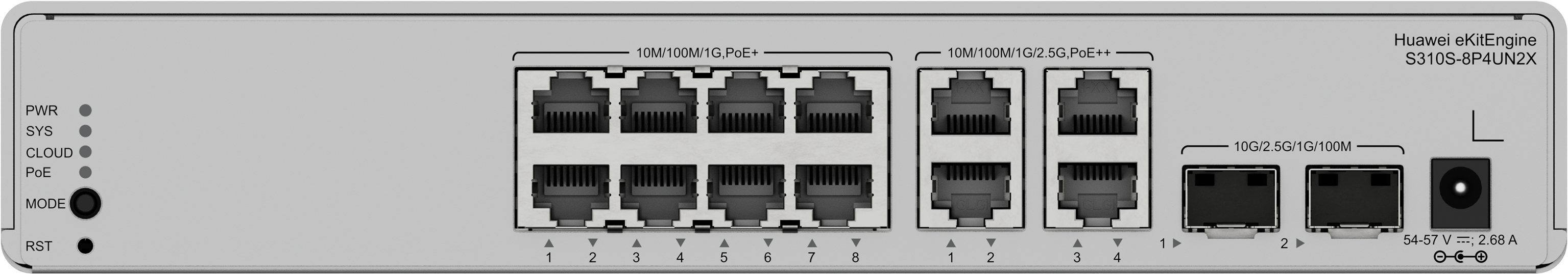 Huawei ekit (S310S-8P4UN2X) | L2+ | 8*1G (PoE+) | 4 x 2.5G PoE++ | 2*10GE SFP+ | PoE (125W) | 220V Poer Adapter | 無風扇設計125W PoE, 1*220V power adapter, 無風扇設計