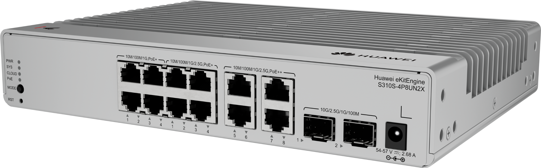 Huawei ekit (S310S-8P4UN2X) | L2+ | 8*1G (PoE+) | 4 x 2.5G PoE++ | 2*10GE SFP+ | PoE (125W) | 220V Poer Adapter | 無風扇設計125W PoE, 1*220V power adapter, 無風扇設計