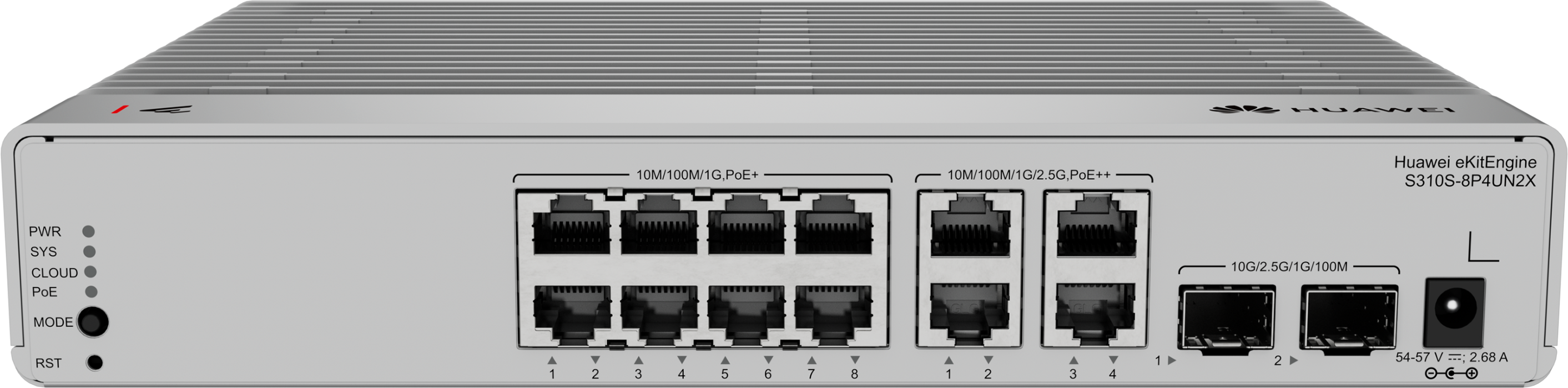 Huawei ekit (S310S-8P4UN2X) | L2+ | 8*1G (PoE+) | 4 x 2.5G PoE++ | 2*10GE SFP+ | PoE (125W) | 220V Poer Adapter | 無風扇設計125W PoE, 1*220V power adapter, 無風扇設計