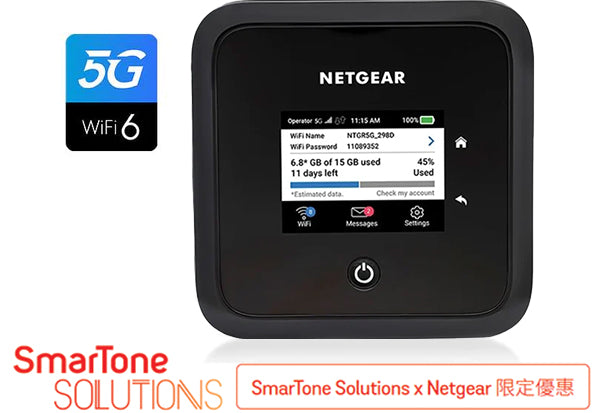 <b>NETGEAR Nighthawk (MR5200)</b> <br>M5 5G AX1800 WiFi 6 流動熱點路由器<br>1G LAN | 2.4 吋 LCD