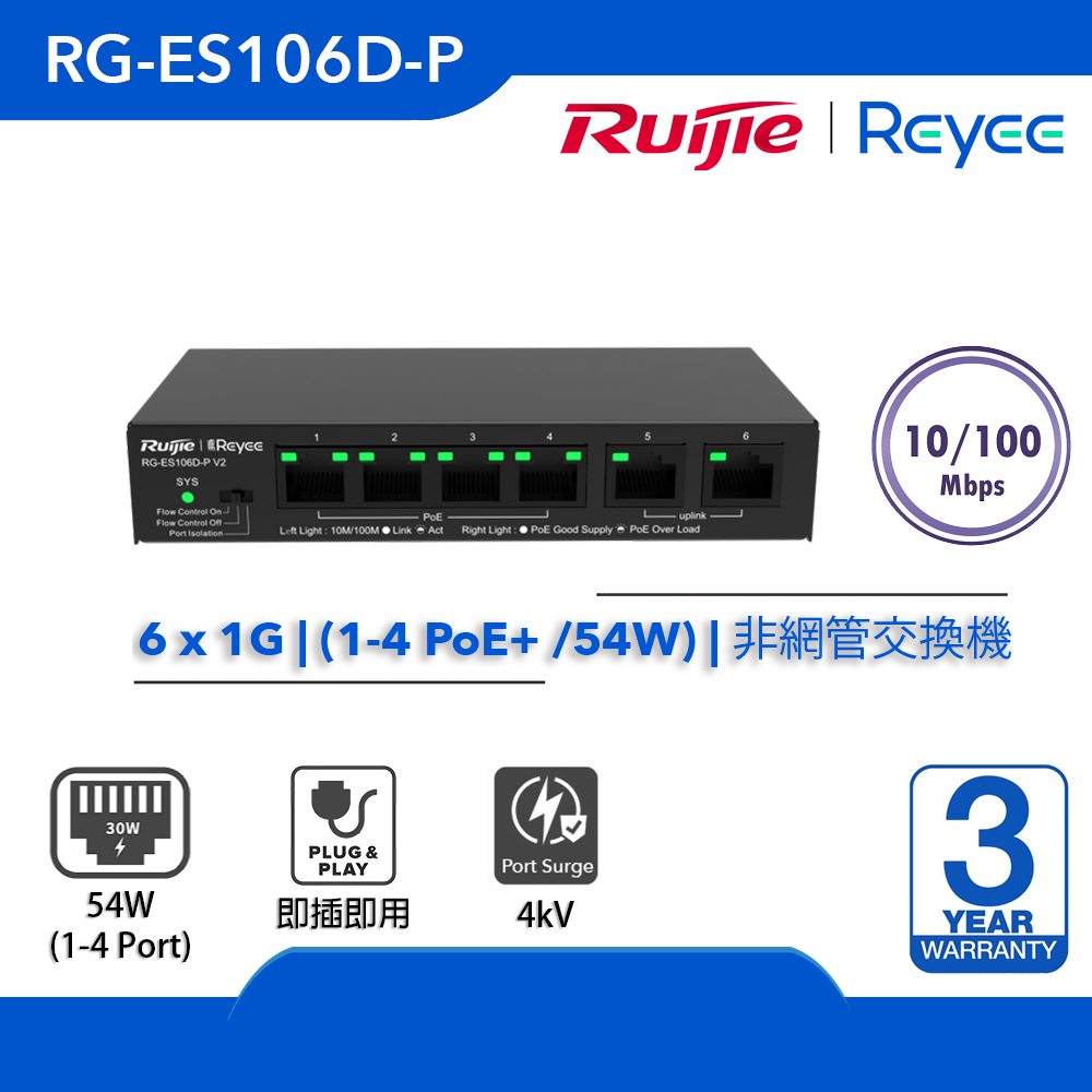 Reyee (RG-ES106D-Pv2) 6-port 10/100Mbps 非網管交換機 | 1-4 PoE+ (54W) | 2 x 10/100Mbps