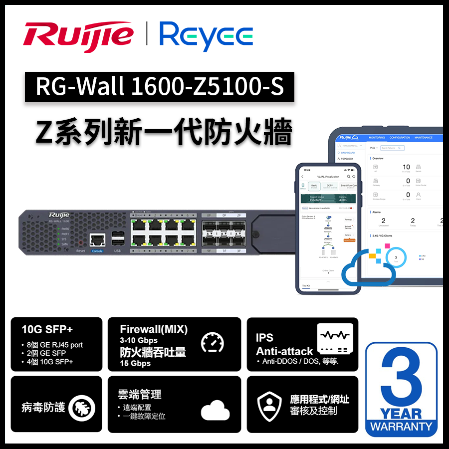 Reyee RG-WALL (1600-Z5100-S) Next-Generation Z Series Firewall | 4x10G SFP+ | 8x1G | 2xSFP | Ruijie Cloud