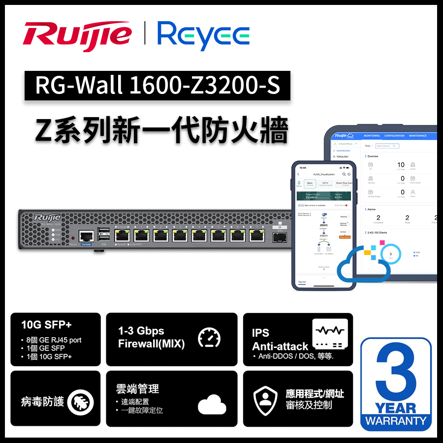 Reyee RG-WALL (1600-Z3200-S) Next-Generation Z Series Firewall | 10G SFP+ | 8x1G | 1xSFP | Ruijie Cloud