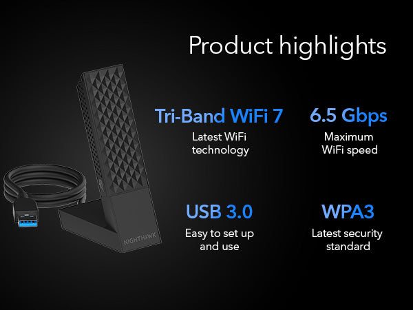 <b>NETGEAR Nighthawk (A9000)</b><br>三頻 BE6500 WiFi 7 USB 3.0 接收器 (適用於Windows 11 PC)