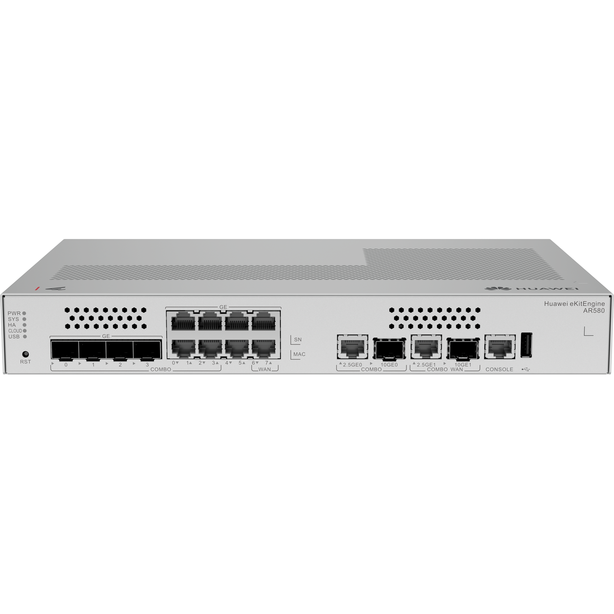 Huawei eKit (AR580) Multi-Service Gateway | 1x10GE(SFP+)/2.5GE Combo+2xGE Wan | 1x10GE(SFP+)/2.5GE Combo+4xGE Combo+2xGE LAN | 1xUSB2.0 | Built-in AC power | Fanless