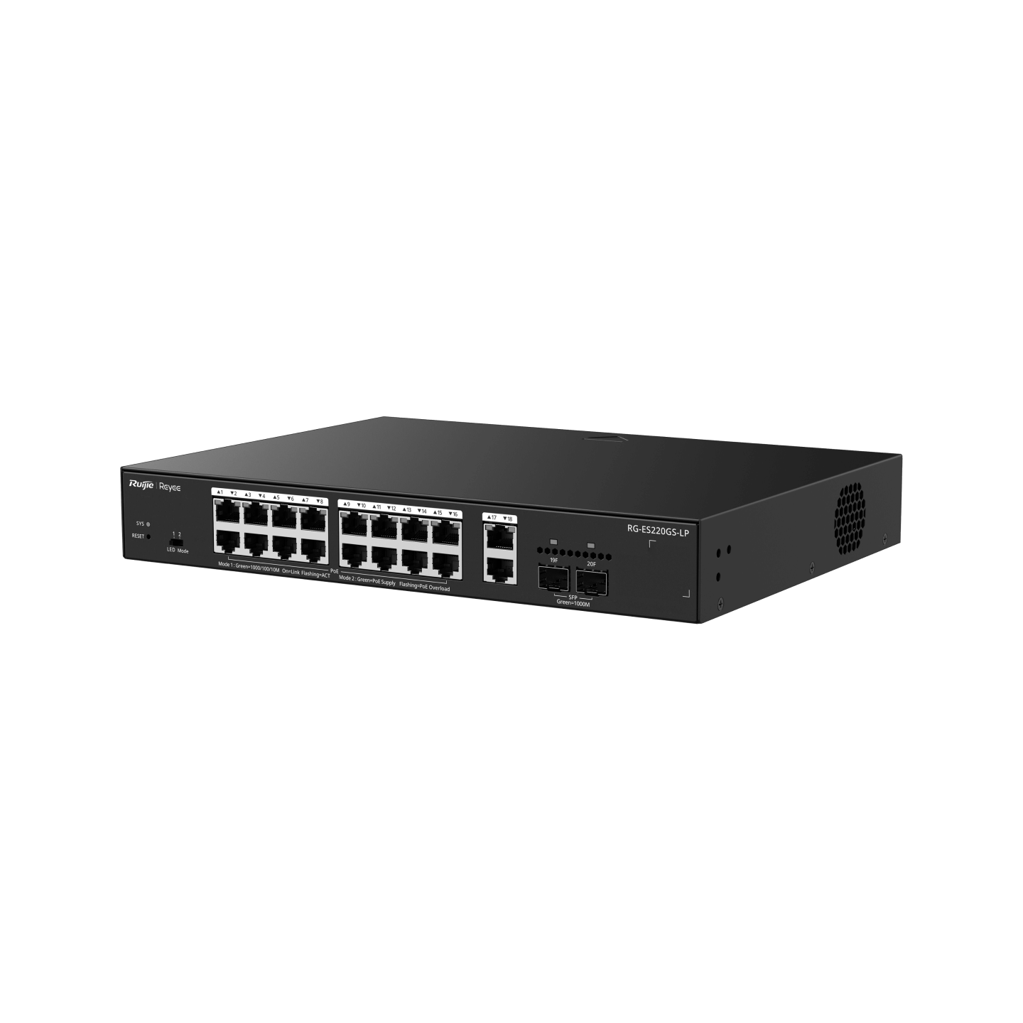 <b>Reyee (RG-ES220GS-LP) </b><br>20-Port 雲端管理 PoE+ (130W) 交換機 |16x1G PoE+ | 2x1G | 2xSFP