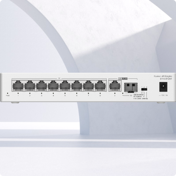 <b>Huawei eKit (S110-8T2ST)</b><br> 8埠 千兆非網管交換機(無風扇) | 1 x GE SFP | 1 x GE electrical port