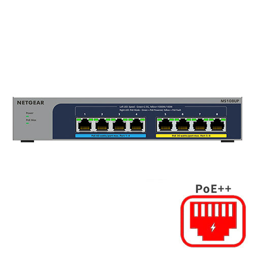 <b>NETGEAR (MS108UP)</b><br>8埠 多千兆非網管PoE+/PoE++交換機 | 8x1G/2.5G | PoE+ (1-4)  | PoE++ (5-8) @230W