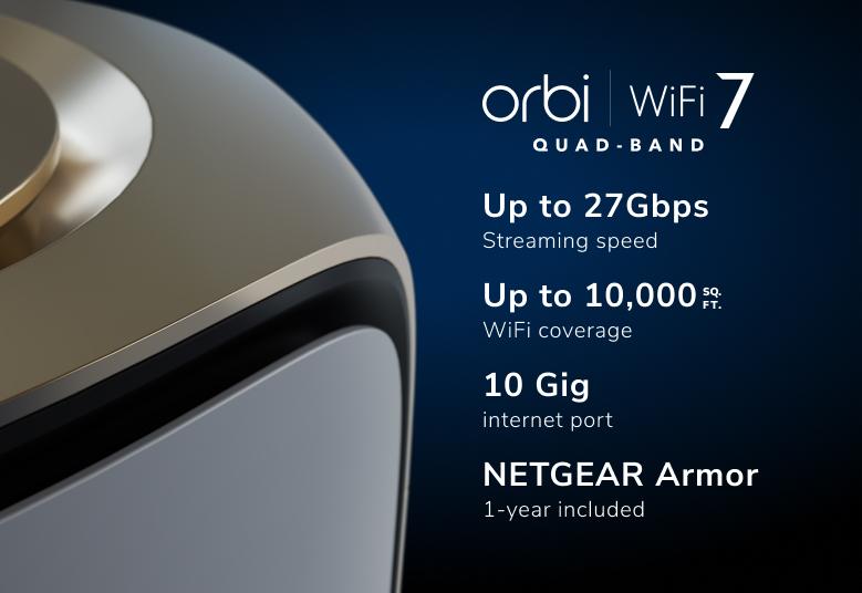 NETGEAR Orbi (RBE973S) 四頻 BE27000 WiFi 7 Mesh 無線系統<br>(3件裝) - 白色 | 送 1 年 NETGEAR Armor