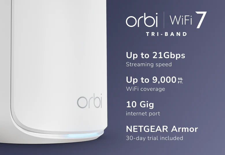 NETGEAR Orbi (RBE873) 三頻 BE21000 WiFi 7 Mesh 無線系統<br>(3件裝, 1主機+2分機)