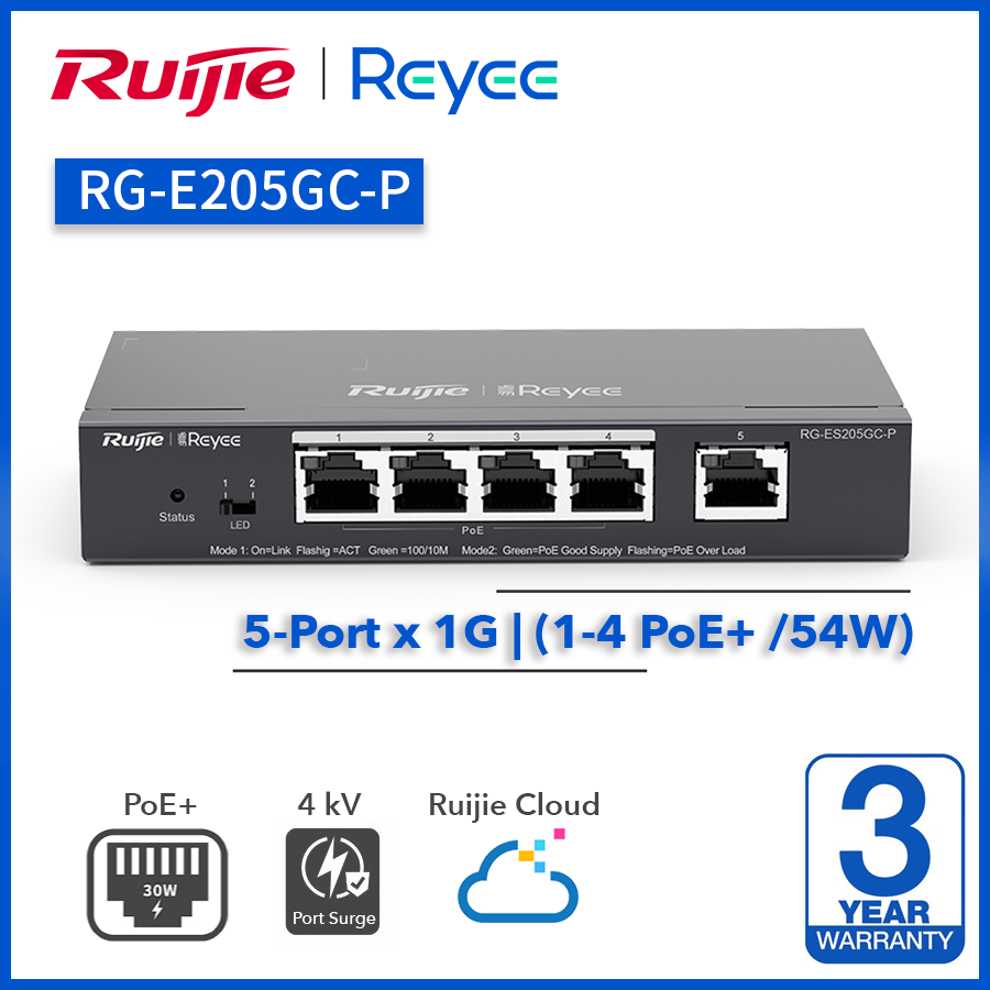 <b>Reyee (RG-ES205GC-P)</b><br> 5-Port Gigabit (1-4 PoE+) 雲端管理交換機