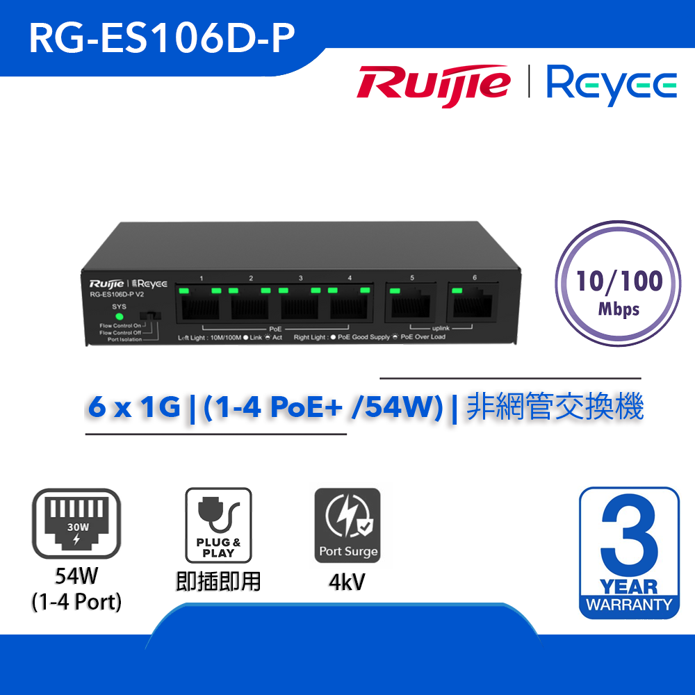 RG-ES106D-Pv2, 6-port 10/100Mbps 非網管交換機 | 1-4 PoE+ (54W) | 2 x 10/100Mbps
