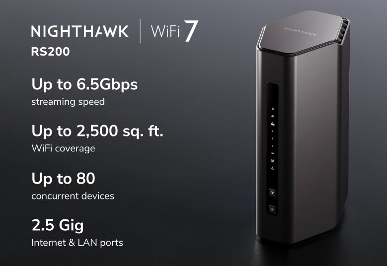 NETGEAR Nighthawk (RS200) 雙頻 BE6500 WiFi 7 路由器 | 2.5 Gig | USB 3.0