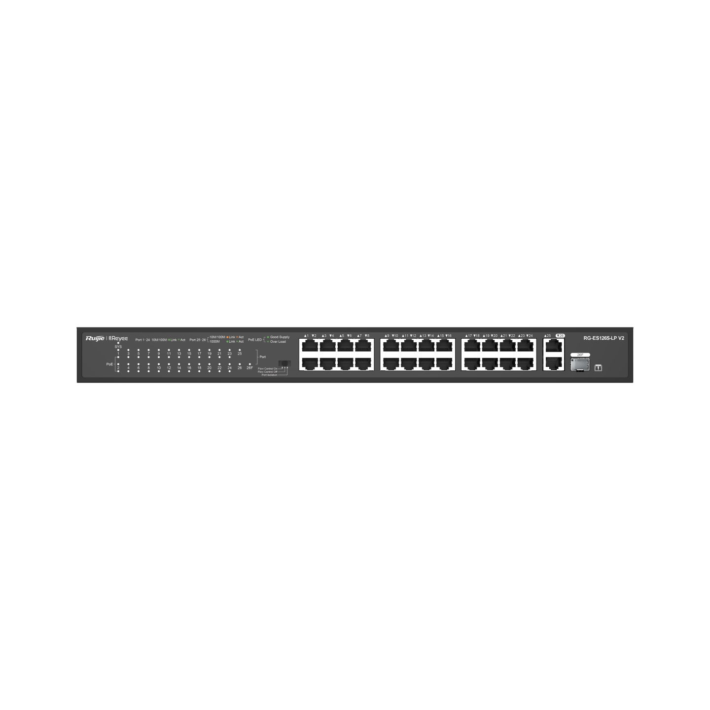 RG-ES126S-LP V2, 24-Port 10/100 Mbps with 2-Port Gigabit Rackmount PoE Switch