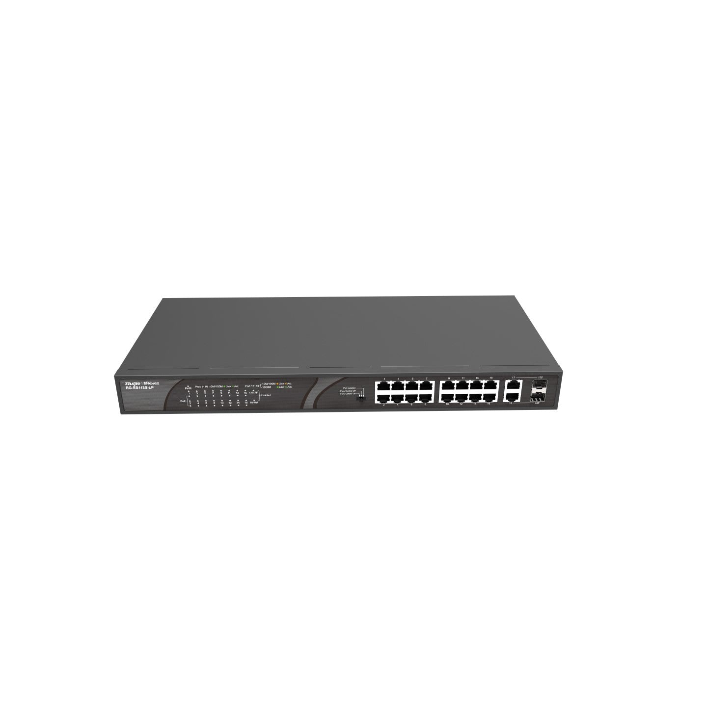 RG-ES118S-LP, 18-port 非網管交換機 | 16 x 10/100M PoE+ (120W) | 2x1G (1xRJ45/SFP Combo)