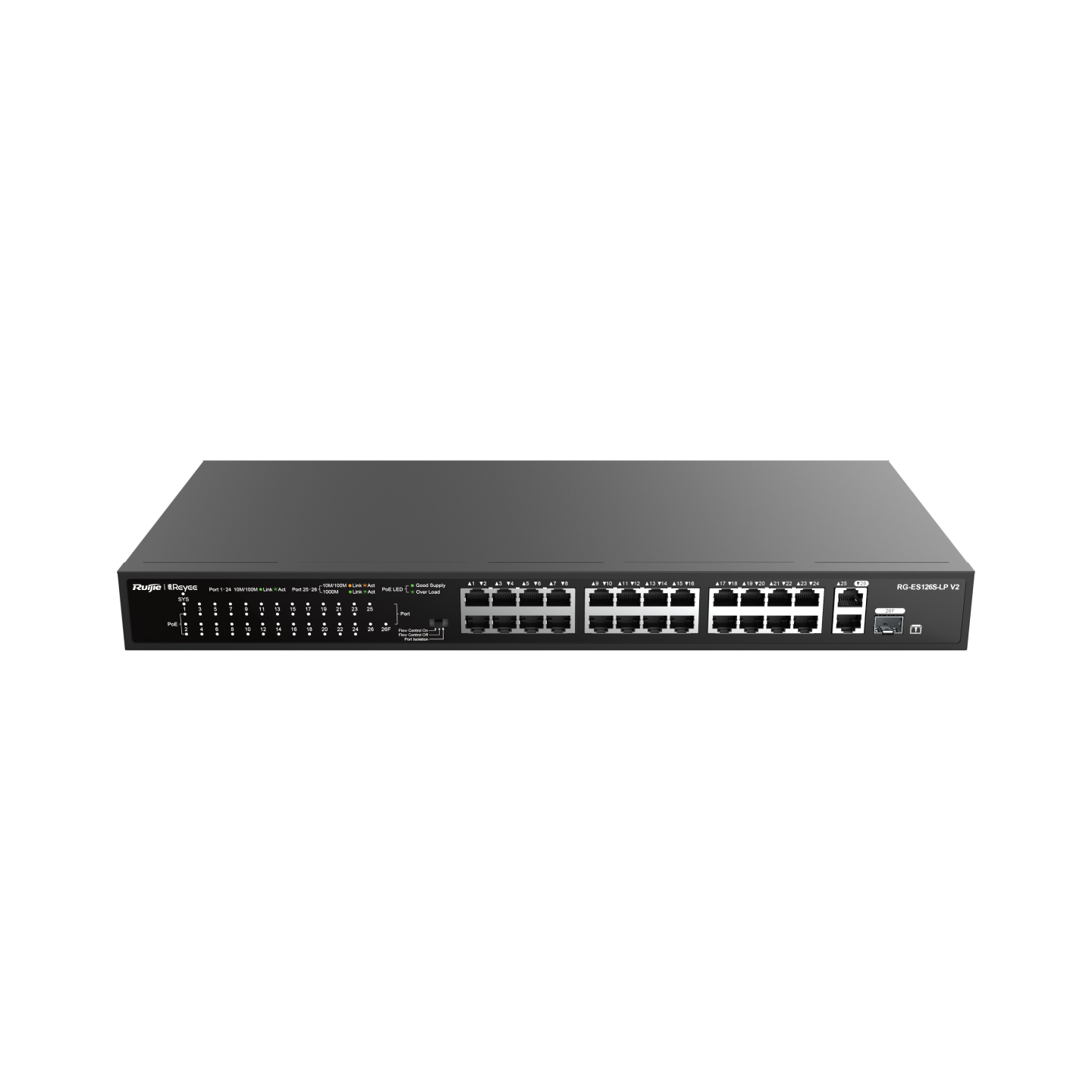 RG-ES126S-LP V2, 24-Port 10/100 Mbps with 2-Port Gigabit Rackmount PoE Switch