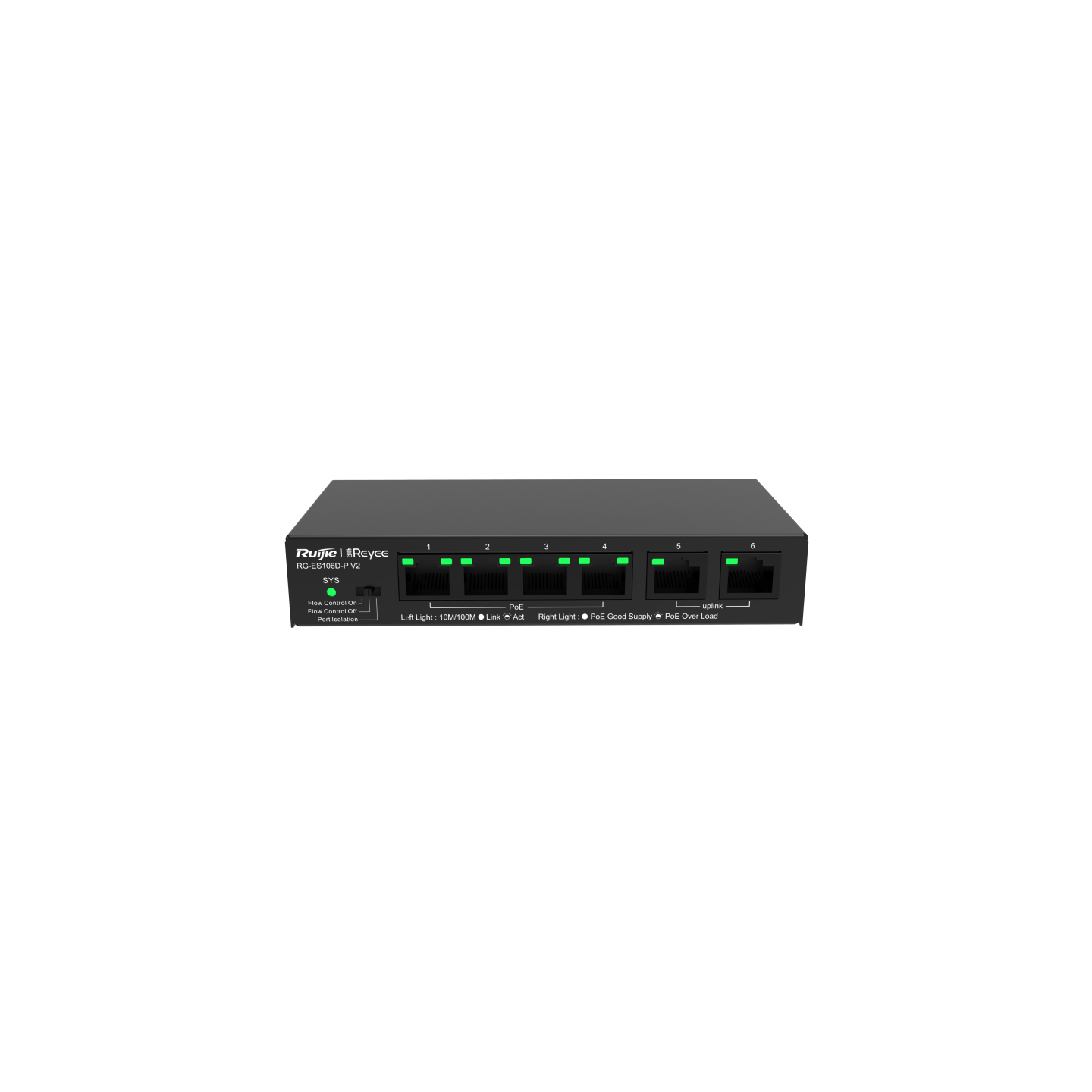 Reyee (RG-ES106D-Pv2) 6-port 10/100Mbps 非網管交換機 | 1-4 PoE+ (54W) | 2 x 10/100Mbps