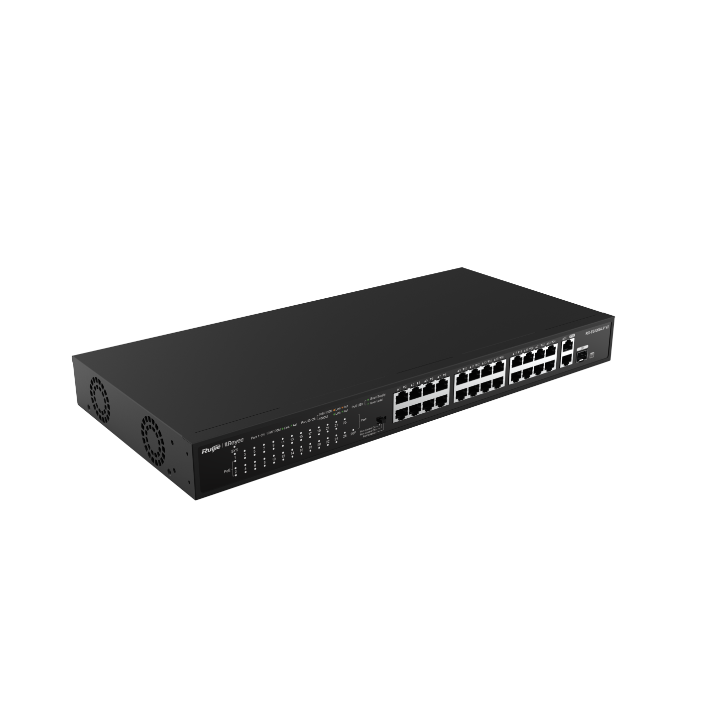 RG-ES126S-LP V2, 24-Port 10/100 Mbps with 2-Port Gigabit Rackmount PoE Switch