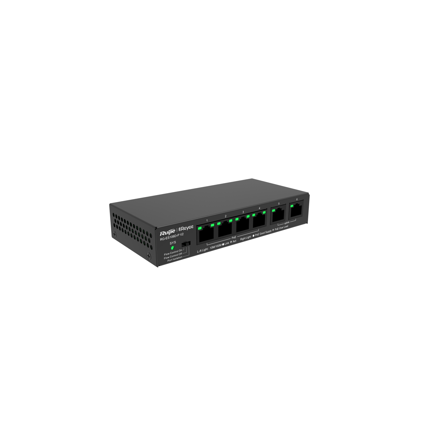 Reyee (RG-ES106D-Pv2) 6-port 10/100Mbps 非網管交換機 | 1-4 PoE+ (54W) | 2 x 10/100Mbps