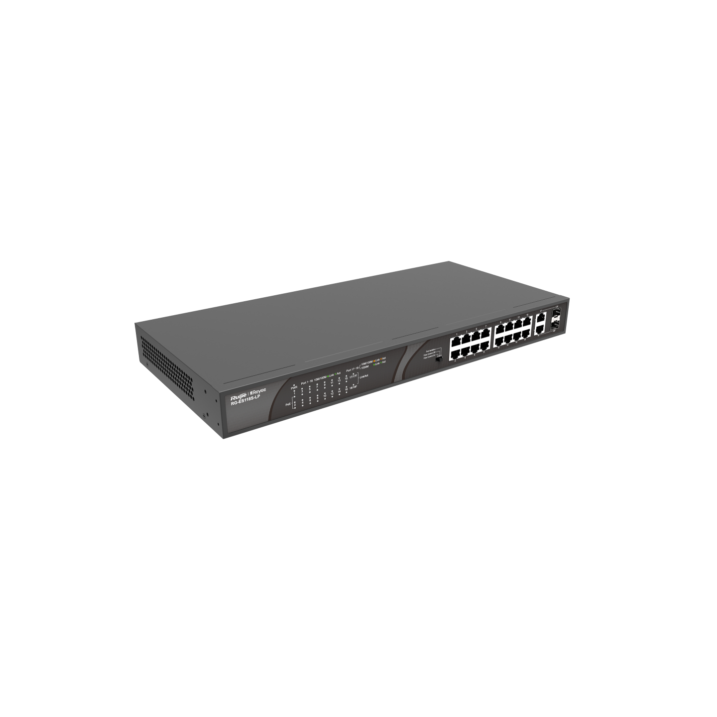 RG-ES118S-LP, 18-port 非網管交換機 | 16 x 10/100M PoE+ (120W) | 2x1G (1xRJ45/SFP Combo)