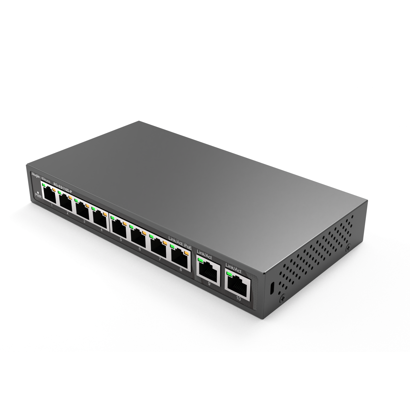 RG-ES110D-P, 10-port 非網管交換機 | 8x10/100 PoE+ (110W) | 2x1G